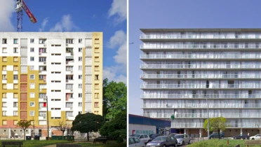 Avant et après la transformation du bâtiment H ; Le Grand Parc, Bordeaux, France